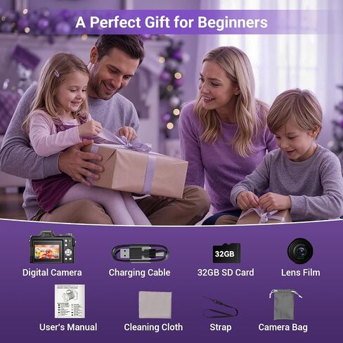 4K Digital Camera for Photography, 56MP Autofocus Vlogging Camera for YouTube Travel, 3" 180°Flip Screen & Lens Hood 16X Zoom, 32GB SD Card for Teens & Beginners in Kuwait