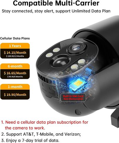 4G LTE Cellular Security Camera, No WiFi Needed, 4MP Live Video, 360° Full View, Built-in SIM Card, Color Night Vision, Instant Alerts, 2 Storage Ways, Solar Outdoor Camera for Off-Grid Areas in Kuwait