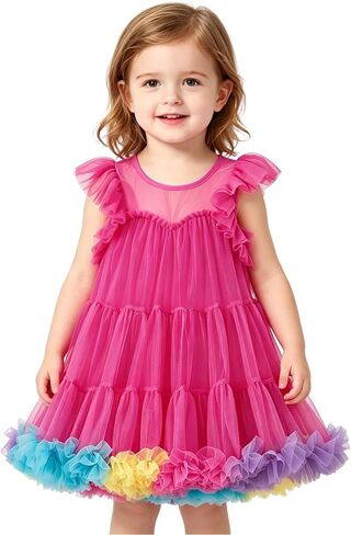 Tutu.kk Baby Girls Tutu Dress Layered Tulle Ruffled Sleeve Rainbow Fairy Summer Dresses for Birthday Party 1-4T in Kuwait