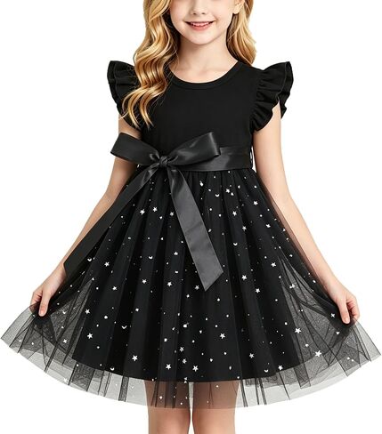 GSVIBK Toddler Girls Satin Bow Tulle Dress Double Ruffle Flutter Sleeve Party Birthday Poster Formal Princess Tutu Dresses in Kuwait