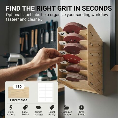 6-Tier Hanging Wooden Sandpaper Storage Holder, Sandpaper Organizer for Sanding Discs 5 Inch 6 Inch, Wall Mount Woodworking Tools Rack(Excluding Sandpaper), Maple Color, 1 Set in Kuwait