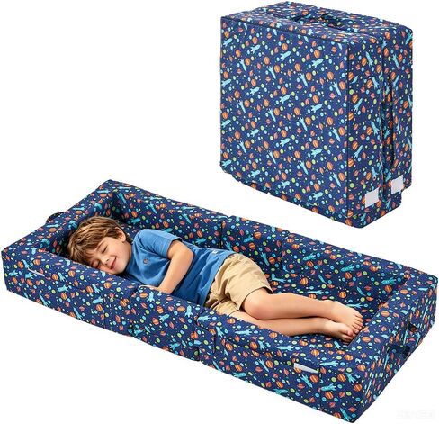 beeweed Toddler Travel Bed, Foldable Floor Bed for Toddler, Portable Kid Bed with Washable Cover, Soft Foam Kids Cot for Home, Travel, Camping & Grandma’s House, Space Ship in Kuwait