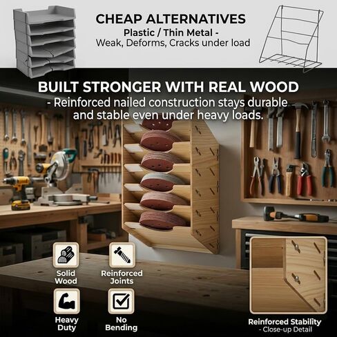 6-Tier Hanging Wooden Sandpaper Storage Holder, Sandpaper Organizer for Sanding Discs 5 Inch 6 Inch, Wall Mount Woodworking Tools Rack(Excluding Sandpaper), Maple Color, 1 Set in Kuwait