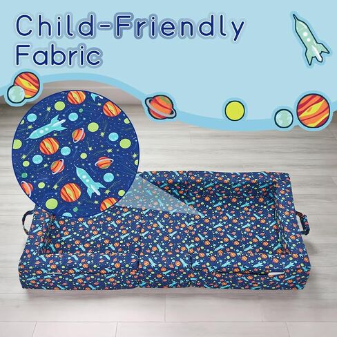 beeweed Toddler Travel Bed, Foldable Floor Bed for Toddler, Portable Kid Bed with Washable Cover, Soft Foam Kids Cot for Home, Travel, Camping & Grandma’s House, Space Ship in Kuwait