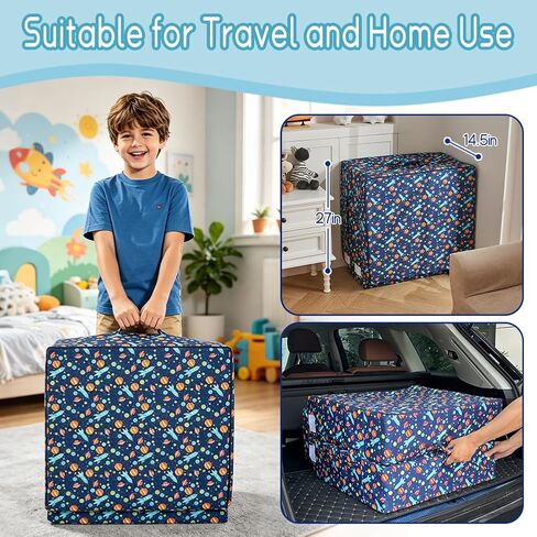 beeweed Toddler Travel Bed, Foldable Floor Bed for Toddler, Portable Kid Bed with Washable Cover, Soft Foam Kids Cot for Home, Travel, Camping & Grandma’s House, Space Ship in Kuwait