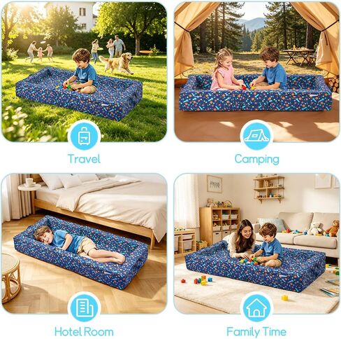 beeweed Toddler Travel Bed, Foldable Floor Bed for Toddler, Portable Kid Bed with Washable Cover, Soft Foam Kids Cot for Home, Travel, Camping & Grandma’s House, Space Ship in Kuwait