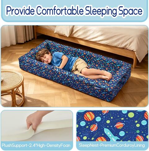 beeweed Toddler Travel Bed, Foldable Floor Bed for Toddler, Portable Kid Bed with Washable Cover, Soft Foam Kids Cot for Home, Travel, Camping & Grandma’s House, Space Ship in Kuwait