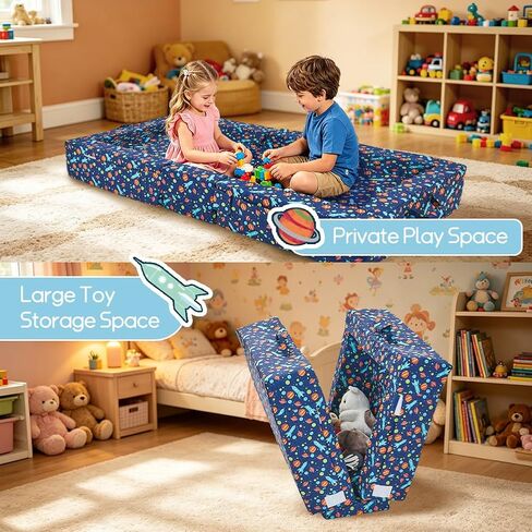 beeweed Toddler Travel Bed, Foldable Floor Bed for Toddler, Portable Kid Bed with Washable Cover, Soft Foam Kids Cot for Home, Travel, Camping & Grandma’s House, Space Ship in Kuwait