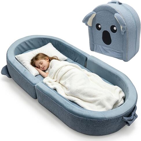 Fistone Foldable Toddler Travel Bed, Portable Soft Foam Floor Bed for Kids, with Washable Cover for Home & Trips (Grey-Blue) in Kuwait