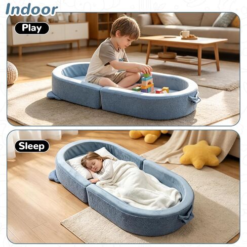 Fistone Foldable Toddler Travel Bed, Portable Soft Foam Floor Bed for Kids, with Washable Cover for Home & Trips (Grey-Blue) in Kuwait