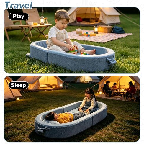 Fistone Foldable Toddler Travel Bed, Portable Soft Foam Floor Bed for Kids, with Washable Cover for Home & Trips (Grey-Blue) in Kuwait