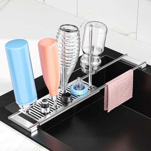 Expandable Over Sink Water Bottle Drying Rack with Dish Cloth Holder, Metal Kitchen Cup Drying Rack, Space-Saving Sink Drainer for Baby Bottles, Bottles, Dish Rags, Gloves & Reusable Bags (Silver) in Kuwait