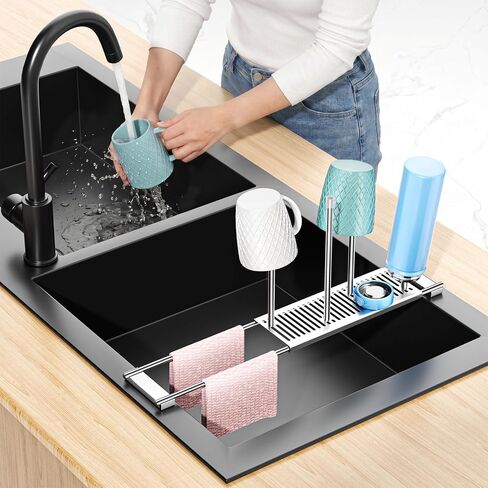 Expandable Over Sink Water Bottle Drying Rack with Dish Cloth Holder, Metal Kitchen Cup Drying Rack, Space-Saving Sink Drainer for Baby Bottles, Bottles, Dish Rags, Gloves & Reusable Bags (Silver) in Kuwait
