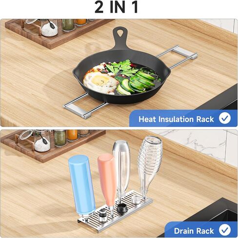Expandable Over Sink Water Bottle Drying Rack with Dish Cloth Holder, Metal Kitchen Cup Drying Rack, Space-Saving Sink Drainer for Baby Bottles, Bottles, Dish Rags, Gloves & Reusable Bags (Silver) in Kuwait