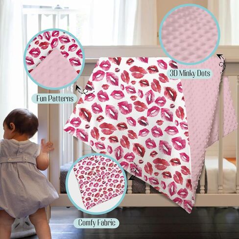 Mink Baby Girls Blankets Valentines Day Lips, Dirty Pink Soft Double Layer Dotted Backing Receiving Swaddle, Newborn Infant Toddler Nursery Crib Bedding Shower Gift 30" x 40" in Kuwait