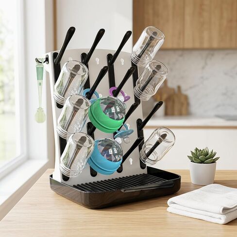 Baby Bottle Drying Rack, Vertical Space Saving Bottle Dryer for Countertop, Holds 12 Bottles, BPA Free Baby Bottle Organizer with Removable Drip Tray for Pacifiers, Pump Parts & Accessories in Kuwait