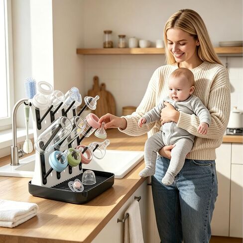 Baby Bottle Drying Rack, Vertical Space Saving Bottle Dryer for Countertop, Holds 12 Bottles, BPA Free Baby Bottle Organizer with Removable Drip Tray for Pacifiers, Pump Parts & Accessories in Kuwait