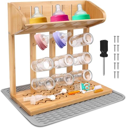 Windspeed Wooden Bottle Drying Rack for Baby Bottle Rack Dryer with Drain Pad, Space Saving for 11 Milk Glass Baby Feeder, Ideal Too for Busy Parents in Kuwait