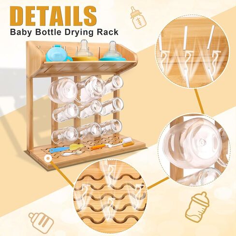 Windspeed Wooden Bottle Drying Rack for Baby Bottle Rack Dryer with Drain Pad, Space Saving for 11 Milk Glass Baby Feeder, Ideal Too for Busy Parents in Kuwait