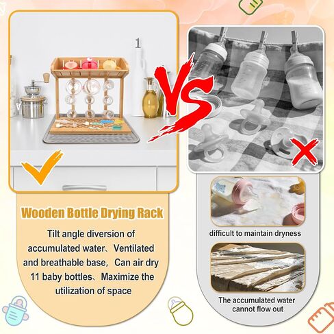 Windspeed Wooden Bottle Drying Rack for Baby Bottle Rack Dryer with Drain Pad, Space Saving for 11 Milk Glass Baby Feeder, Ideal Too for Busy Parents in Kuwait