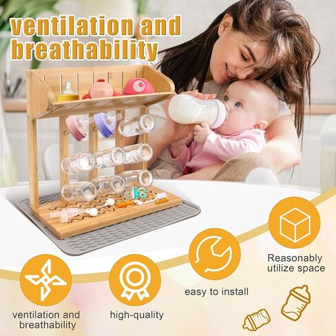 Windspeed Wooden Bottle Drying Rack for Baby Bottle Rack Dryer with Drain Pad, Space Saving for 11 Milk Glass Baby Feeder, Ideal Too for Busy Parents in Kuwait