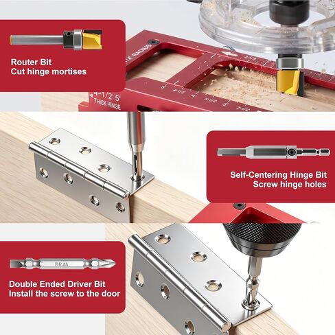 Door Hinge Jig & Door Lock Installation Kit, Aluminum Alloy Router Template Kit, Adjustable for 2.5"–5" Hinges, Fits 1/4" & 5/8" Radius and Square Hinges, Door Hole Drilling Kit for Knob and Deadbolt in Kuwait