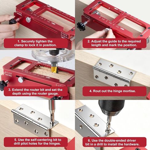 Door Hinge Jig & Door Lock Installation Kit, Aluminum Alloy Router Template Kit, Adjustable for 2.5"–5" Hinges, Fits 1/4" & 5/8" Radius and Square Hinges, Door Hole Drilling Kit for Knob and Deadbolt in Kuwait