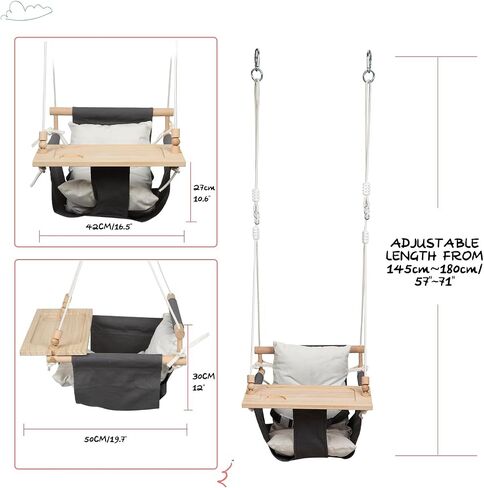 KINSPORY Toddler Swing, High Back Baby Swing with Detachable Tray (Grey) | Canvas seat with soft cushion, safety buckle, Adjustable 57-71 inch, weight limit 130lb, indoor and outdoor use, Playground in Kuwait