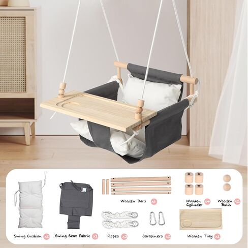 KINSPORY Toddler Swing, High Back Baby Swing with Detachable Tray (Grey) | Canvas seat with soft cushion, safety buckle, Adjustable 57-71 inch, weight limit 130lb, indoor and outdoor use, Playground in Kuwait