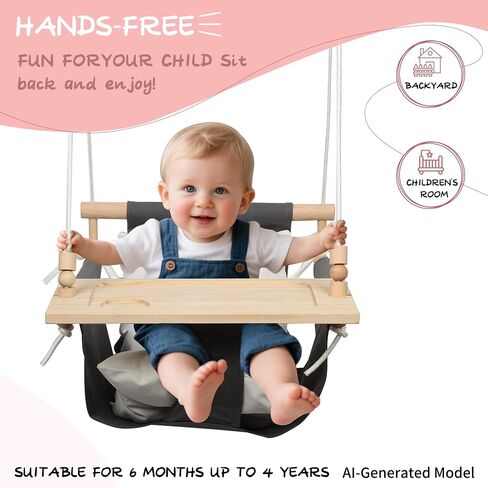 KINSPORY Toddler Swing, High Back Baby Swing with Detachable Tray (Grey) | Canvas seat with soft cushion, safety buckle, Adjustable 57-71 inch, weight limit 130lb, indoor and outdoor use, Playground in Kuwait
