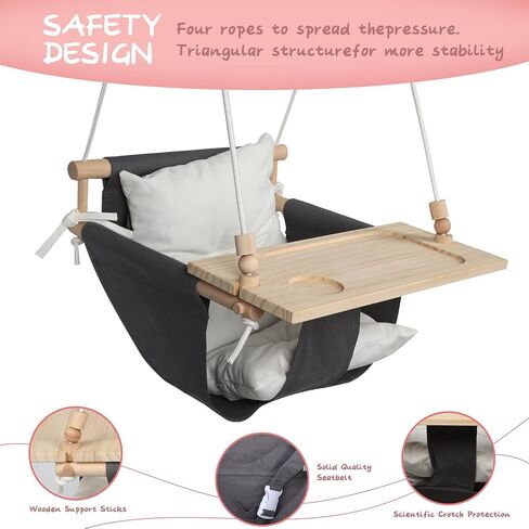 KINSPORY Toddler Swing, High Back Baby Swing with Detachable Tray (Grey) | Canvas seat with soft cushion, safety buckle, Adjustable 57-71 inch, weight limit 130lb, indoor and outdoor use, Playground in Kuwait