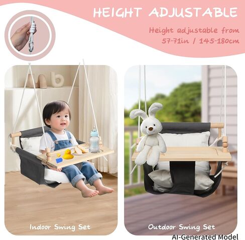 KINSPORY Toddler Swing, High Back Baby Swing with Detachable Tray (Grey) | Canvas seat with soft cushion, safety buckle, Adjustable 57-71 inch, weight limit 130lb, indoor and outdoor use, Playground in Kuwait