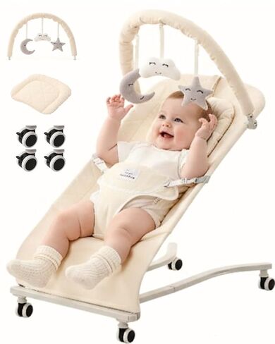 Cuddo Baby Bouncer 100% Cotton Wheelable, with Head Support, 0-12M -Beige | 3 Level Adjustable, Fodable, Portable Bouncy Chair in Kuwait