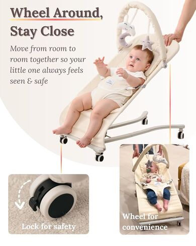 Cuddo Baby Bouncer 100% Cotton Wheelable, with Head Support, 0-12M -Beige | 3 Level Adjustable, Fodable, Portable Bouncy Chair in Kuwait