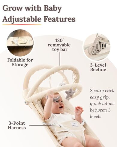 Cuddo Baby Bouncer 100% Cotton Wheelable, with Head Support, 0-12M -Beige | 3 Level Adjustable, Fodable, Portable Bouncy Chair in Kuwait
