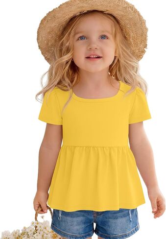 Toddler Girls Tops Baby Short Sleeve Square Neck Shirts Flowy Peplum Babydoll Tunic Tees with Ruffle Hem 18M-5T in Kuwait