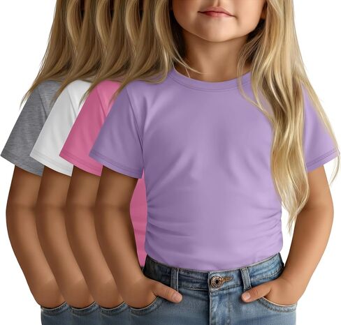4 Pack Toddler Girls Short Sleeve Shirts Kids Ruched Side Crewneck Tshirts Girls Cute Summer Tee 18M-5T in Kuwait