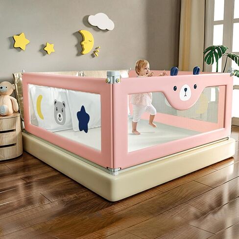 3-Piece Bed Rail for Toddlers, Foldable Baby Bed Rail Guard, Adjustable, Safety, Convenient Bed Rails, Guard Rails for Twin, Full, Queen& King Size (Pink Cartoon, 59x78.7x78.7 Inch) in Kuwait