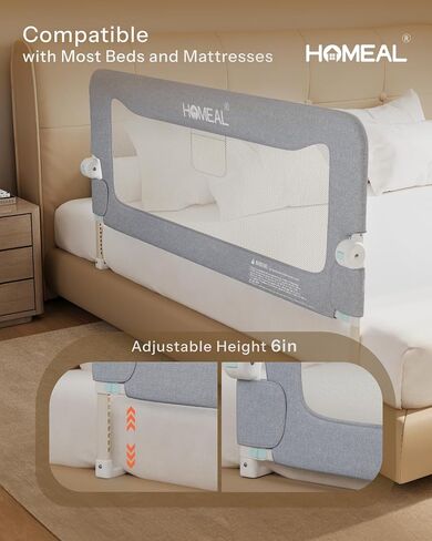 HOMEAL Bed Rail for Toddlers，47" x 26" Grey, Long Tall Foldable Baby Bed Rail Guard for Easy Use and Storage, U-Shaped Base Width Increased by 4", Suitable for Twin, Full, Queen, King Size Bed in Kuwait