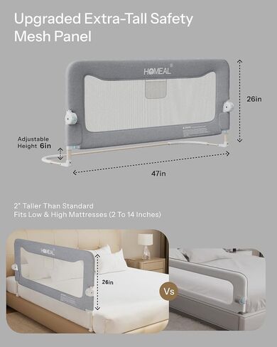 HOMEAL Bed Rail for Toddlers，47" x 26" Grey, Long Tall Foldable Baby Bed Rail Guard for Easy Use and Storage, U-Shaped Base Width Increased by 4", Suitable for Twin, Full, Queen, King Size Bed in Kuwait