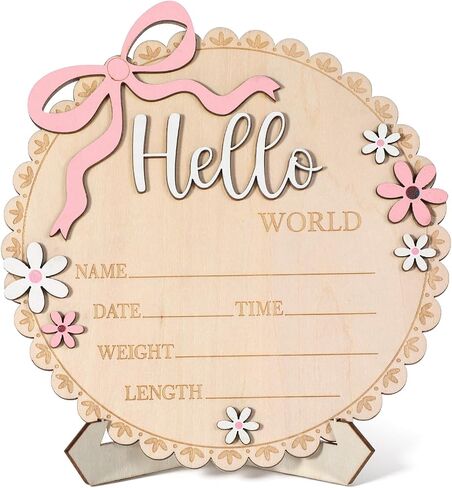 Hello World Newborn Sign, Pink Floral Bow Wooden Baby Announcement Sign with Stand Birth Welcome Board for Newborn Girls Photo Props Baby Shower Hospital Nursery in Kuwait