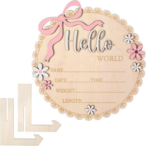 Hello World Newborn Sign, Pink Floral Bow Wooden Baby Announcement Sign with Stand Birth Welcome Board for Newborn Girls Photo Props Baby Shower Hospital Nursery in Kuwait