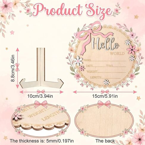 Hello World Newborn Sign, Pink Floral Bow Wooden Baby Announcement Sign with Stand Birth Welcome Board for Newborn Girls Photo Props Baby Shower Hospital Nursery in Kuwait
