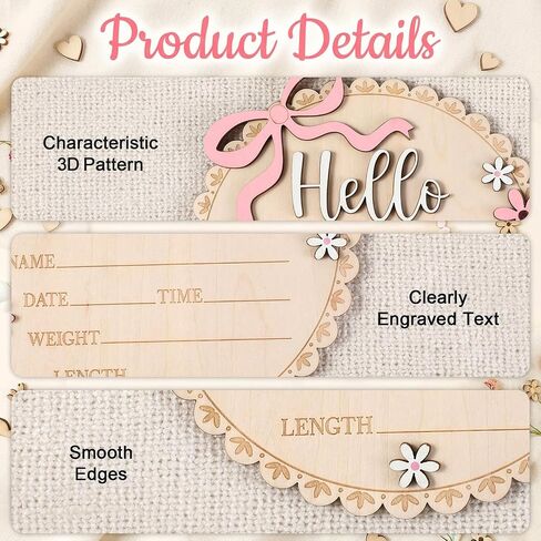Hello World Newborn Sign, Pink Floral Bow Wooden Baby Announcement Sign with Stand Birth Welcome Board for Newborn Girls Photo Props Baby Shower Hospital Nursery in Kuwait