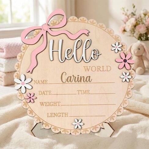 Hello World Newborn Sign, Pink Floral Bow Wooden Baby Announcement Sign with Stand Birth Welcome Board for Newborn Girls Photo Props Baby Shower Hospital Nursery in Kuwait