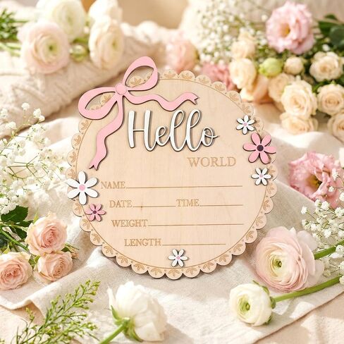 Hello World Newborn Sign, Pink Floral Bow Wooden Baby Announcement Sign with Stand Birth Welcome Board for Newborn Girls Photo Props Baby Shower Hospital Nursery in Kuwait