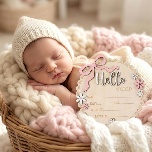 Hello World Newborn Sign, Pink Floral Bow Wooden Baby Announcement Sign with Stand Birth Welcome Board for Newborn Girls Photo Props Baby Shower Hospital Nursery in Kuwait