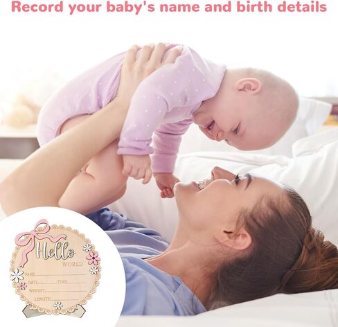 Hello World Newborn Sign, Pink Floral Bow Wooden Baby Announcement Sign with Stand Birth Welcome Board for Newborn Girls Photo Props Baby Shower Hospital Nursery in Kuwait