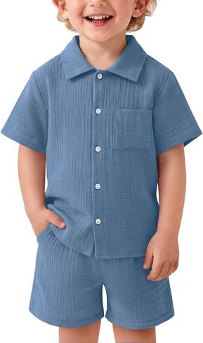 Baby Boy's 2 Piece Cotton Sets | 18M-5T, Short Sleeve, Button-Down, Cotton, Elastic Waist, with Pockets, Casual, Loose, Summer, Soft, Breathable, Lightweight in Kuwait