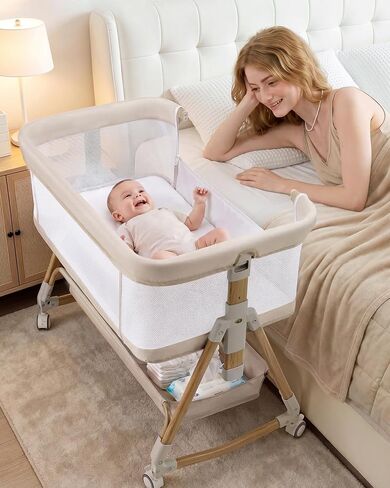 Baby Bassinet Bedside Crib, 3-in-1 Baby Bassinet Bedside Sleeper，Rocking Bedside Bassinet with Wheels, Adjustable Easy Folding Portable Bed for Infant Newborn (Beige) in Kuwait